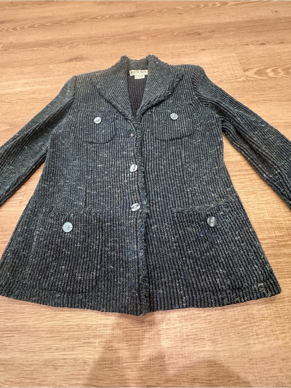 Austin Reed Merino Wool Knit Blazer Black Blue Tweed Button Front